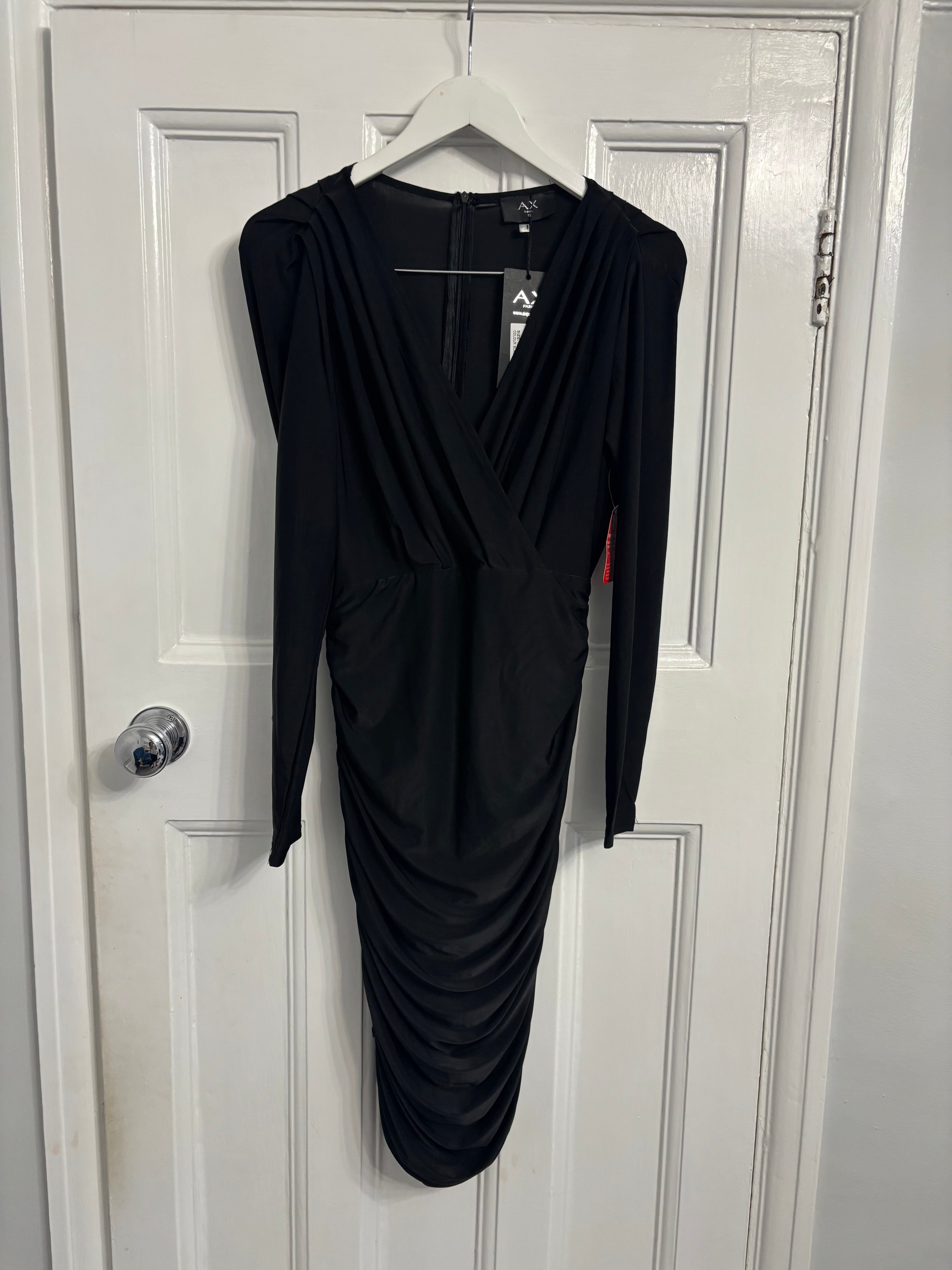 AX Paris Black Ruched Long Sleeve Midi Dress Size 10 BNWT